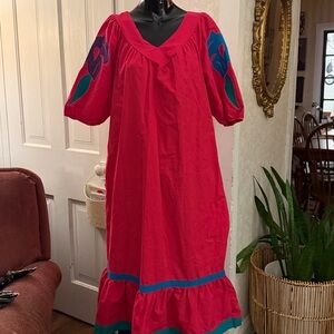 Vintage Elizabeth Blair 100% Cotton Pink Blue V-Neck House Dress Muumuu Medium